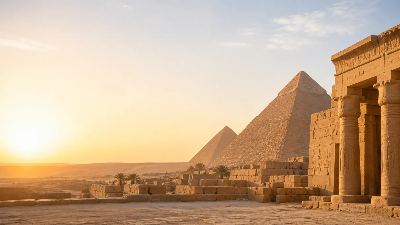 Pirámides y templo egipcio iluminados por el amanecer para el viaje Egipto Iniciático de CRISOL 33