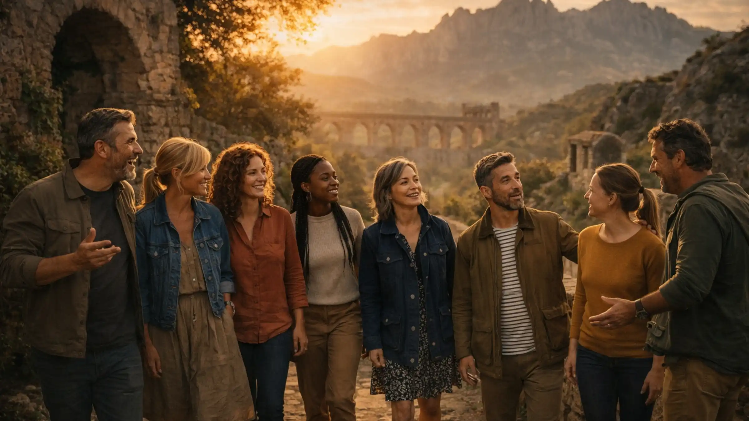 Grupo de personas caminando juntas en un entorno histórico al atardecer