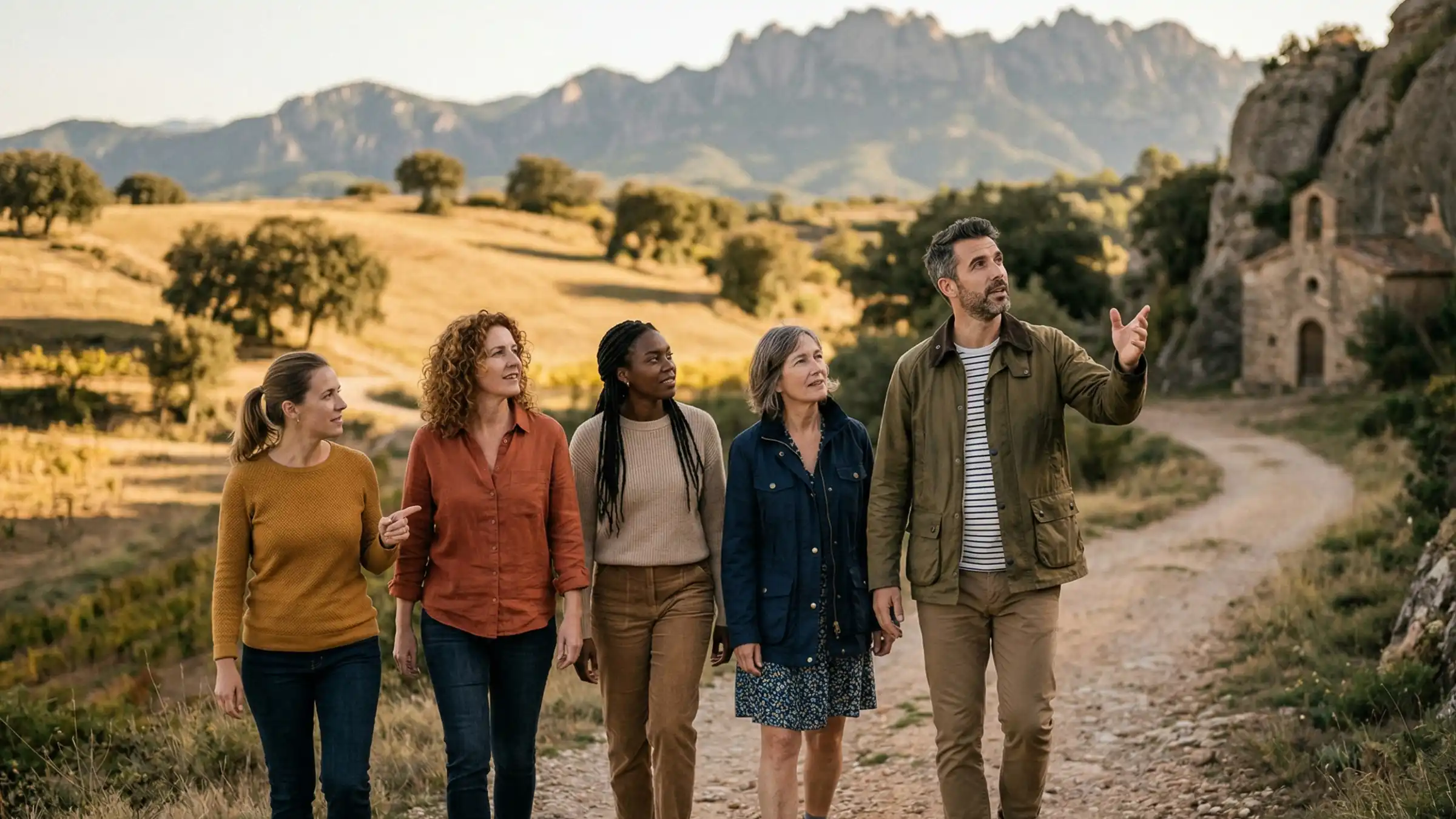 Grupo de personas caminando juntas al atardecer en una experiencia guiada